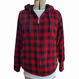 LL Bean Red Black Buffalo Plaid Flannel, Sherpa Lined, Zip Up, Jacket With Hood